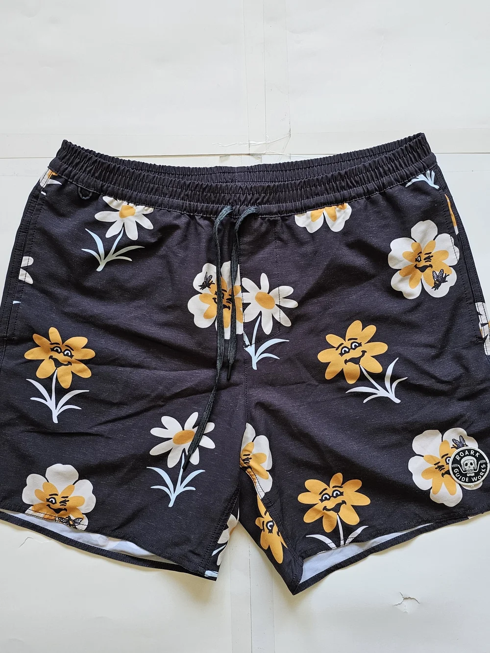 Roark Men's Black Swim Shorts with Yellow & White Floral Faces
